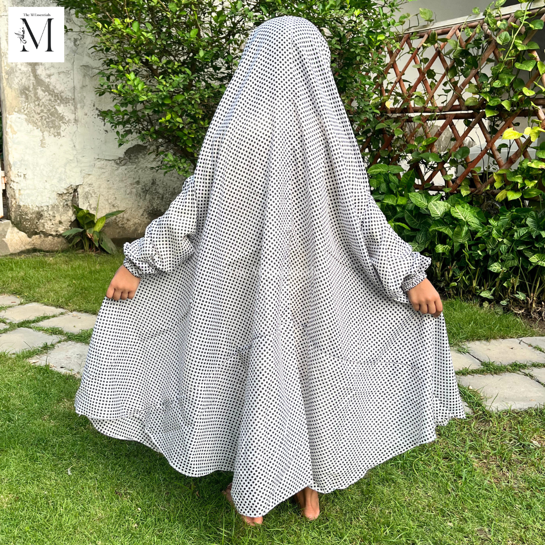 White Polka Dots Girls Prayer Dress | Kids Namaz Chaddar (5–8 Years)