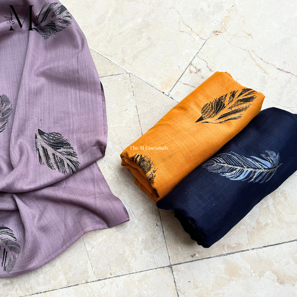Midnight Leaf Lawn Hijabs - Purple, Yellow & Navy Blue