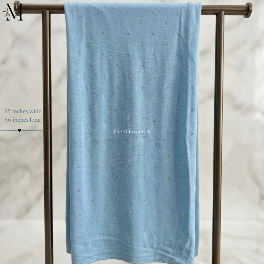 Light Blue Jersey Chaddar with stones - Large Hijab by The M Essentials