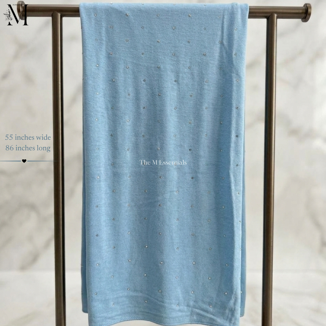 Light Blue Jersey Chaddar with stones - Large Hijab by The M Essentials
