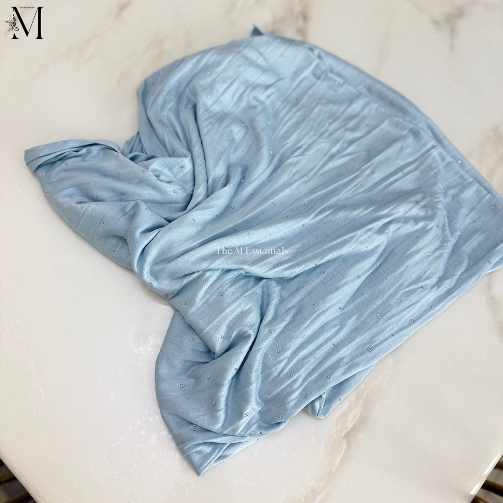 Light Blue Jersey Chaddar with stones - Large Hijab by The M Essentials