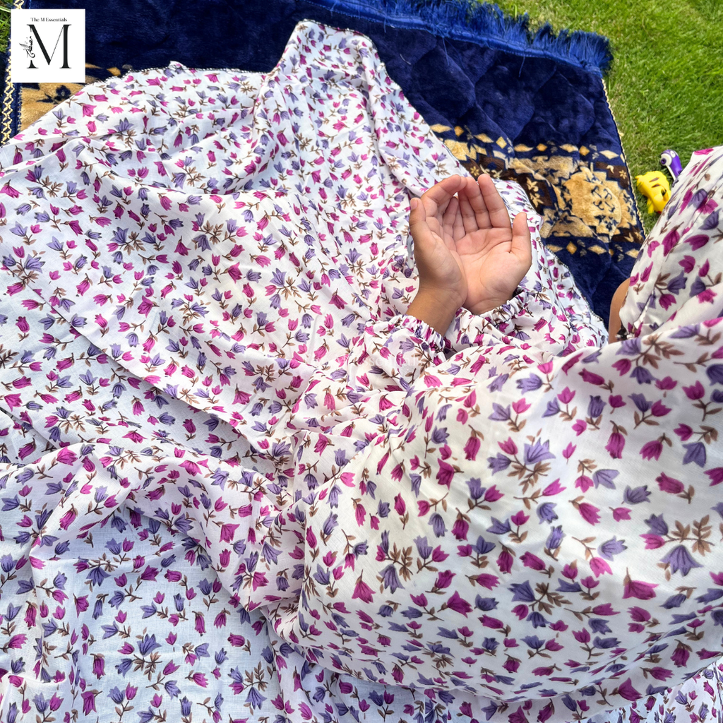 White & Pink Girls Prayer Dress | Kids Namaz Chaddar (5–8 Years)