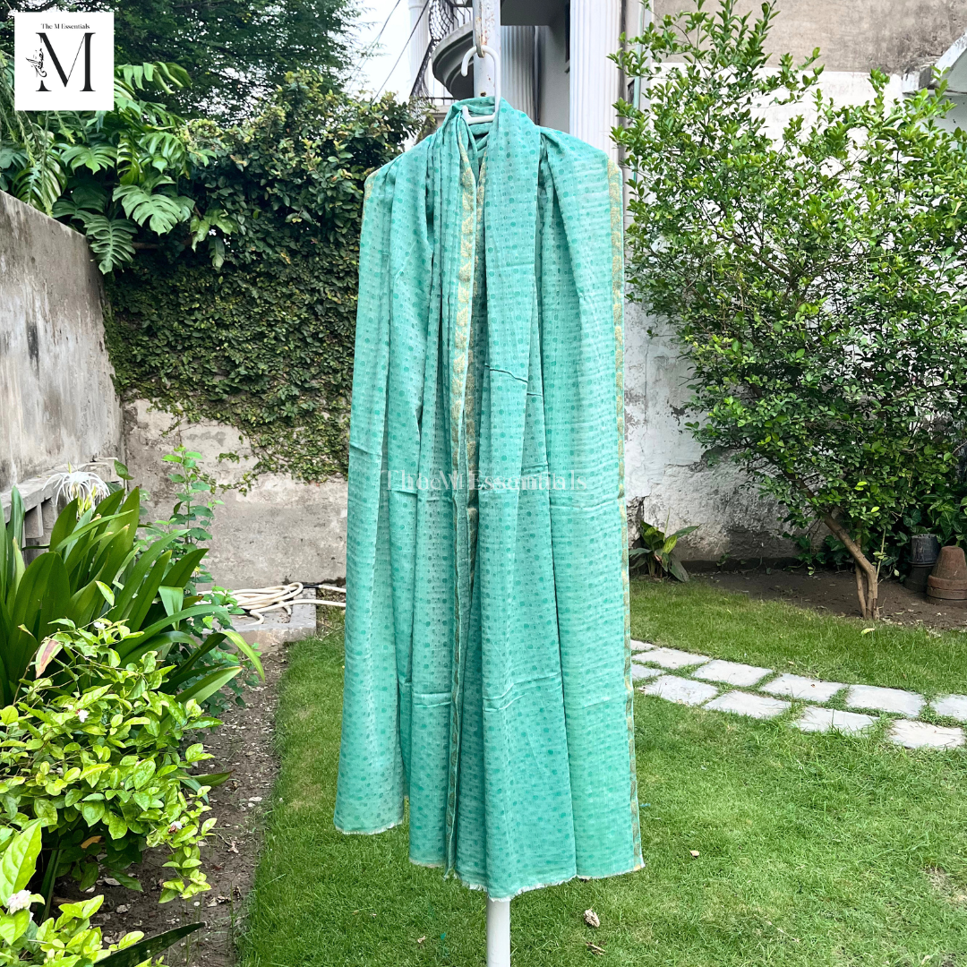 Sea Green & Gold Cotton Lawn Jacquard Shawl | Premium Women's Shawl