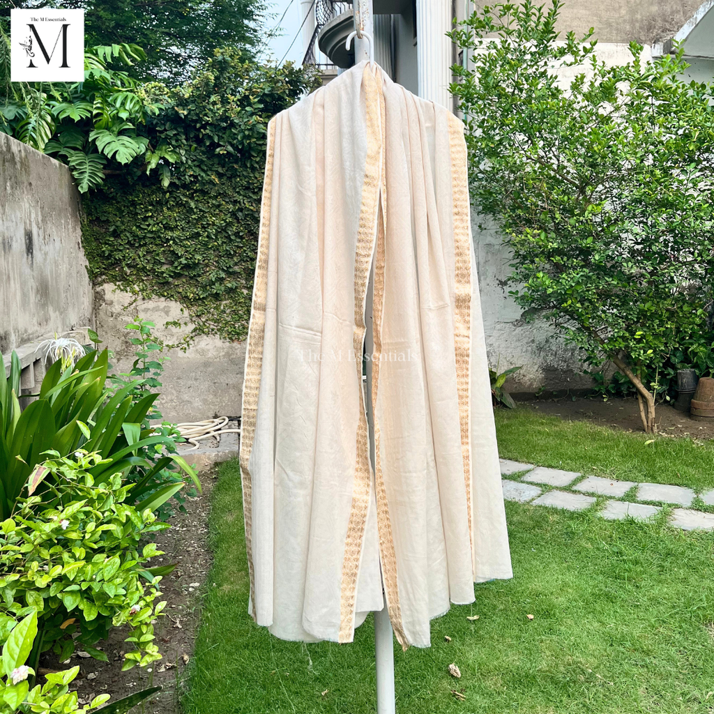 Beige & Gold Cotton Lawn Jacquard Shaw l Premium Women's Shawl