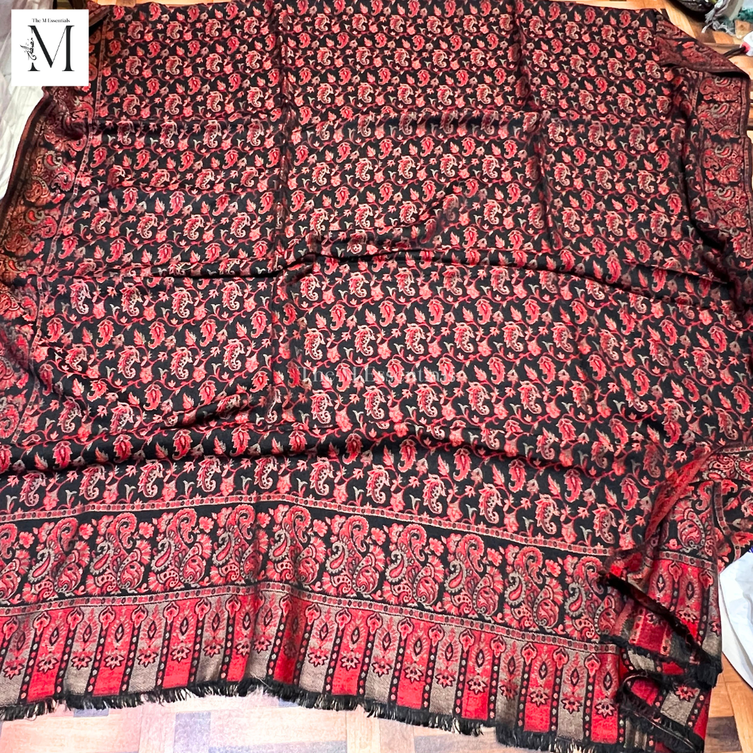 Black & Red Premium Kani Pashmina Shawl | Kashmiri Woven Winter Shawl