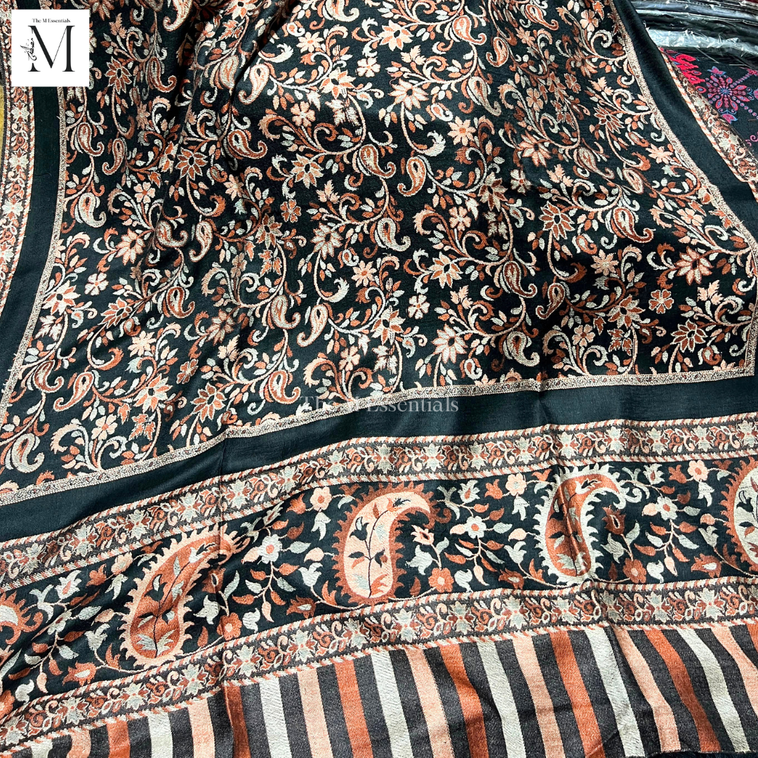 Black & Brown Premium Kani Pashmina Shawl | Kashmiri Woven Winter Shawl