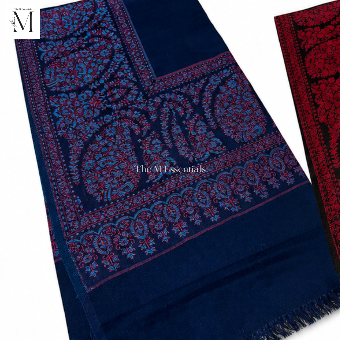 Navy Blue Embroidered Pashmina Shawl | Premium Kashmiri Jacquard Shawl