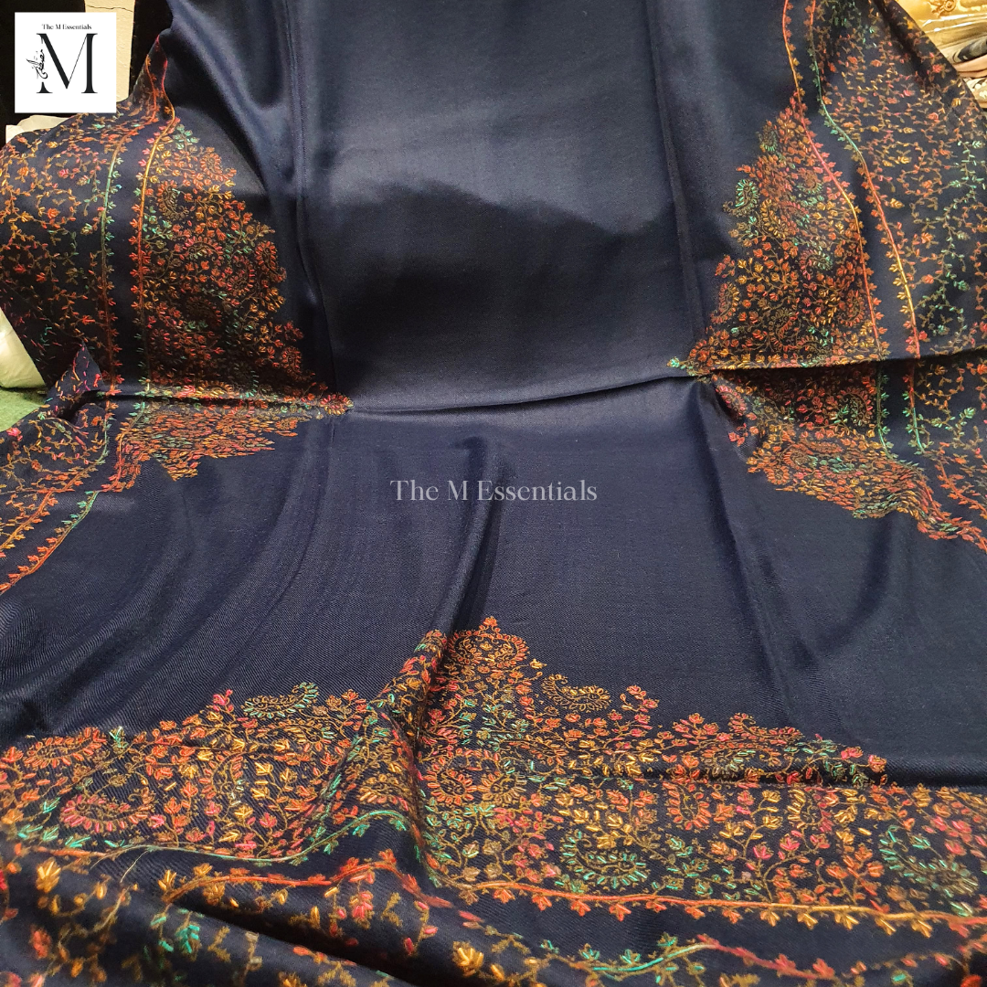 Navy Blue Hand Embroidered Pashmina Shawl | Premium Kashmiri Winter Shawl